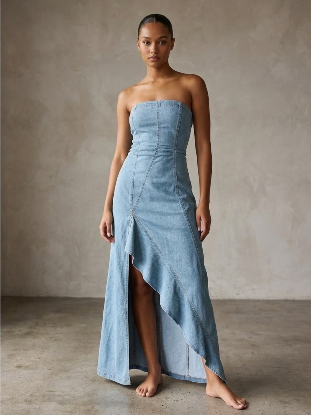 MOD Strapless Blue Denim Maxi Dress XL Jean Asymmetrical High Low Zip Back NWT